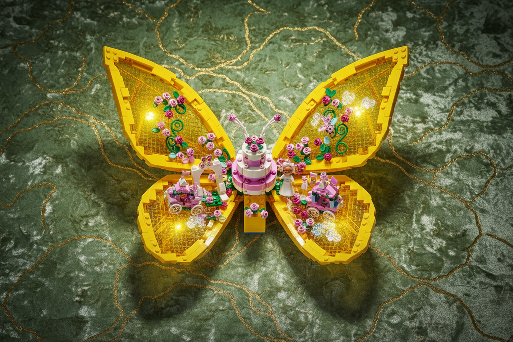 Two large posable yellow butterfly LEGO pieces spread open revealing a whimsical wedding scene with pink flowers and a wedding cake