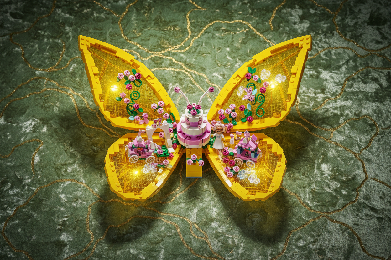 Two large posable yellow butterfly LEGO pieces spread open revealing a whimsical wedding scene with pink flowers and a wedding cake