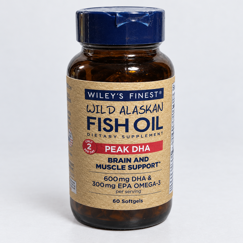 Wiley's Finest Peak DHA fish oil bottle against a light studio background