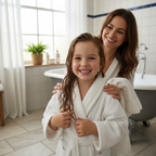 Happy child with clean healthy hair smiling after hair care treatment in bright bathroom with parent nearby