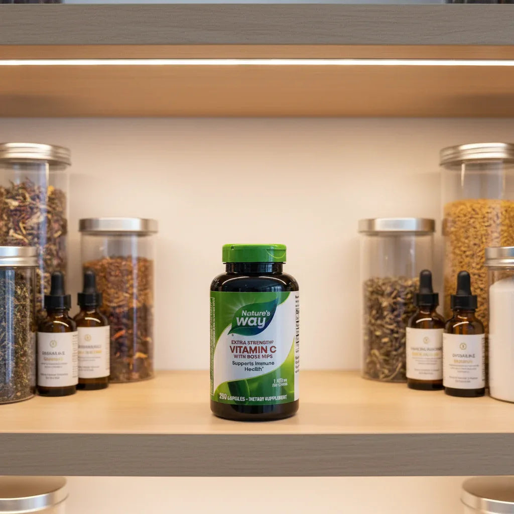 Nature's Way Vitamin C 1000mg bottle on modern home apothecary shelf with high-transparency glass canisters and botanical vitamins under soft shelf lighting