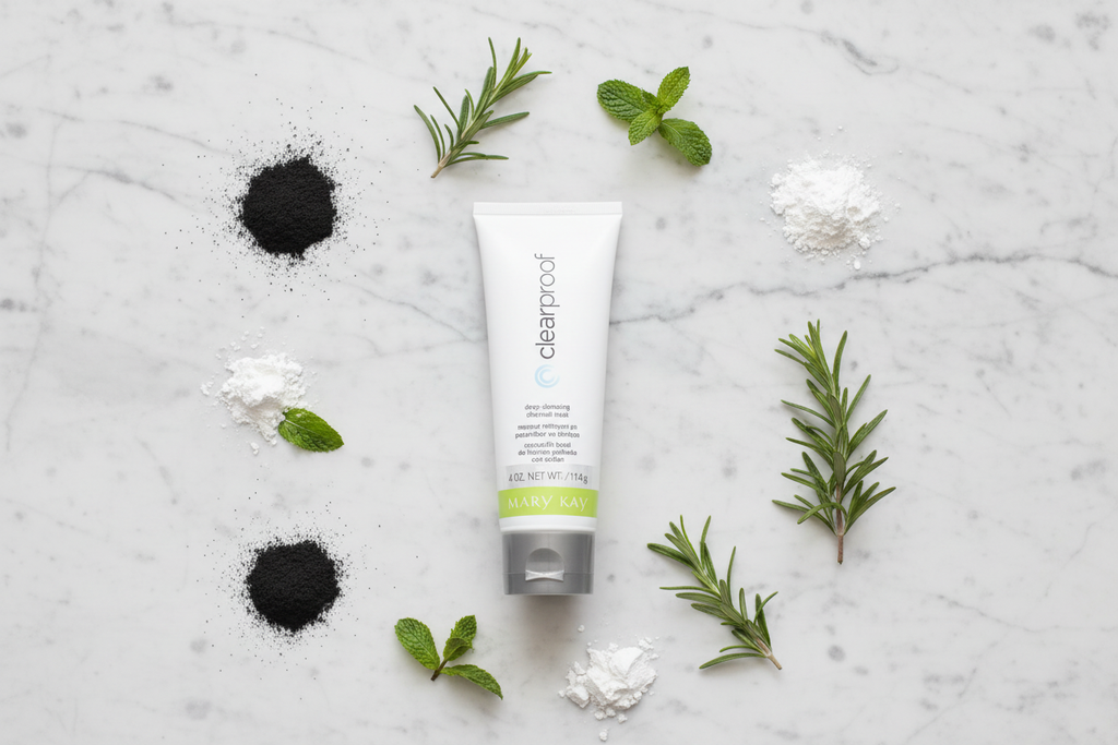 Mary Kay Clear Proof charcoal mask flat lay with activated charcoal kaolin clay peppermint and rosemary ingredients — natural skincare formula