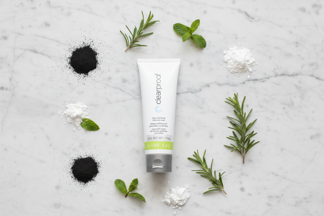 Mary Kay Clear Proof charcoal mask flat lay with activated charcoal kaolin clay peppermint and rosemary ingredients — natural skincare formula