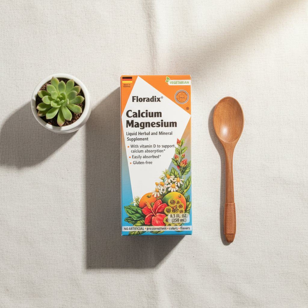 Floradix Calcium Magnesium supplement box on white linen with green plant and wooden spoon