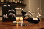 Houdini Lever Corkscrew Set by Rabbit removing cork from red wine bottle on walnut wood bar - More4less Outlet