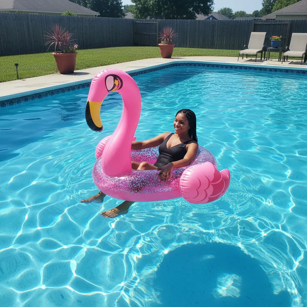 PoolCandy Glitter Flamingo pool tube floating in sunny backyard swimming pool