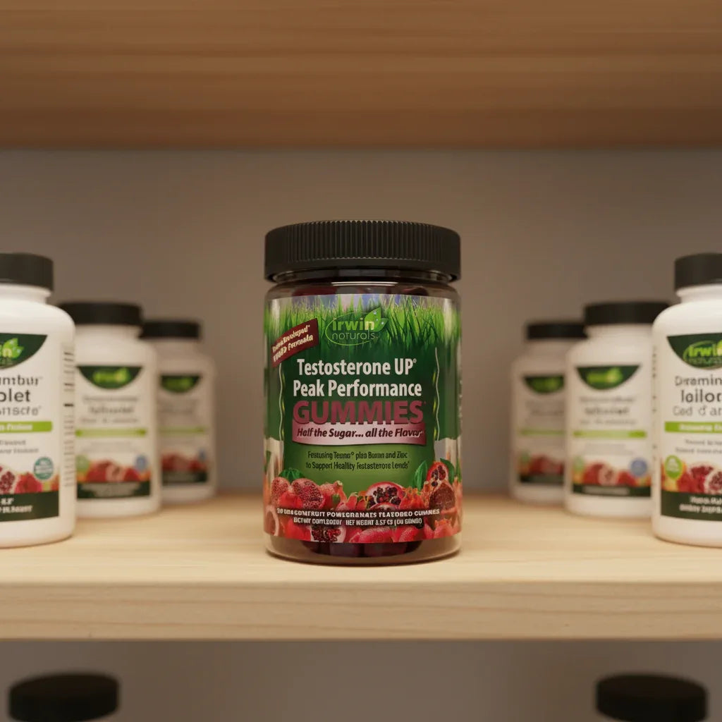 Irwin Naturals Testosterone UP Gummies bottle on organized residential pantry shelf with premium white and green labeled vitamins under soft overhead lighting