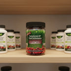 Irwin Naturals Testosterone UP Gummies bottle on organized residential pantry shelf with premium white and green labeled vitamins under soft overhead lighting