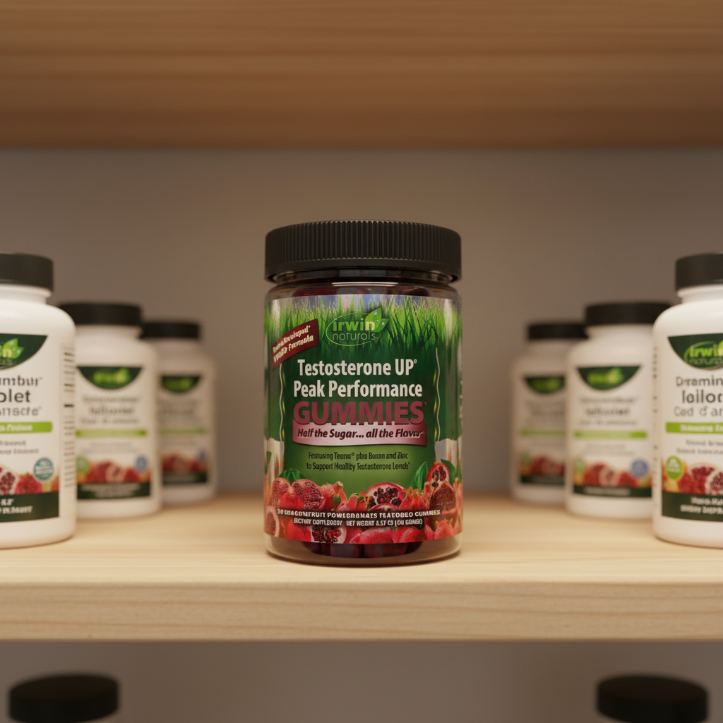 Irwin Naturals Testosterone UP Gummies bottle on organized residential pantry shelf with premium white and green labeled vitamins under soft overhead lighting