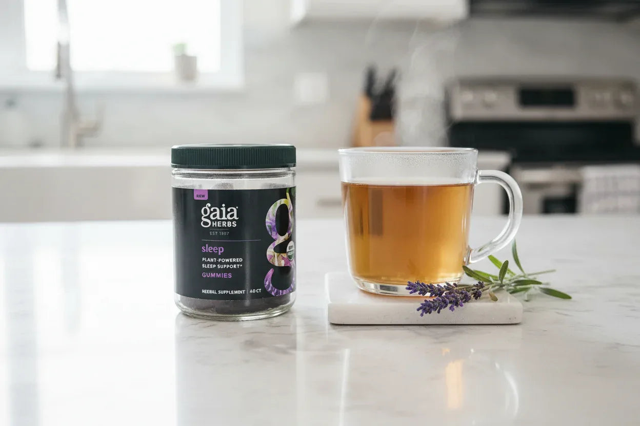 Gaia Herbs Organic Sleep Gummies 40ct on kitchen island with herbal tea and lavender — plant-powered evening wellness ritual