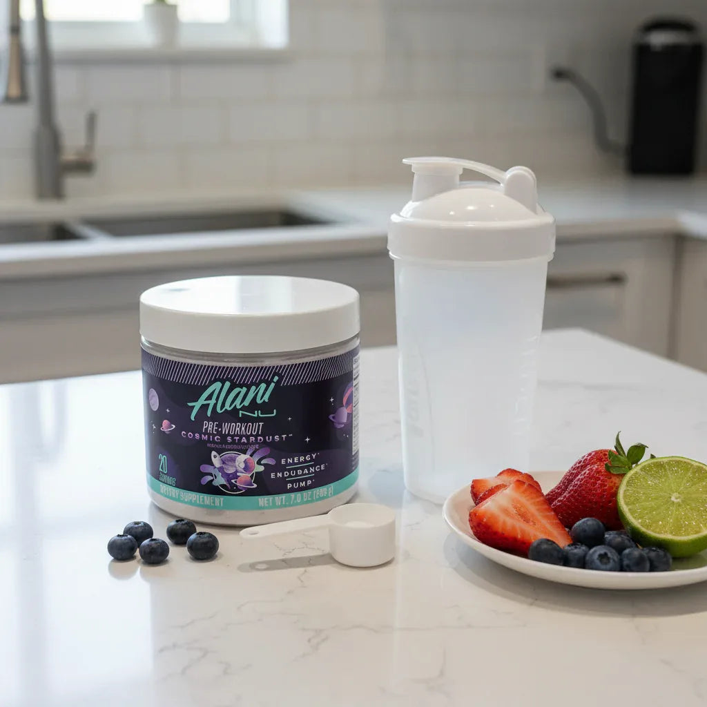Alani Nu Cosmic Stardust Pre-Workout tub on kitchen workspace with shaker bottle and fresh fruit.