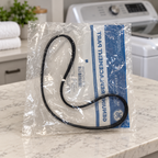 GE WH01X27538 drive belt in its labeled polybag, laundry counter lifestyle illustration