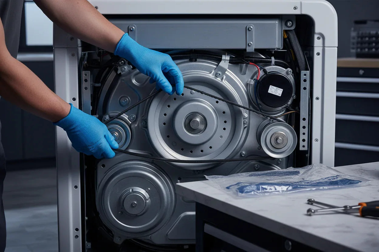 Technician installing new drive belt inside a residential laundry appliance