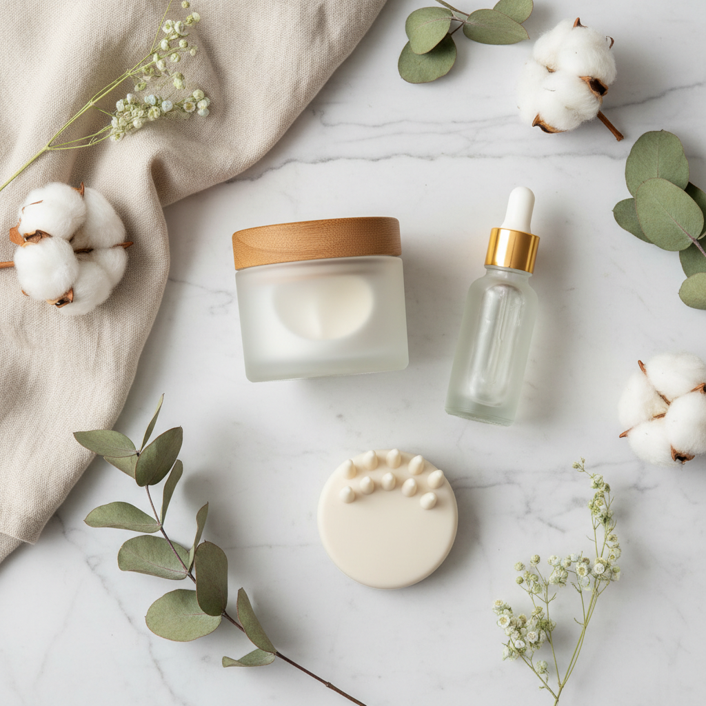 Flat lay of hair mask jar, scalp serum dropper, and scalp massager on white marble with botanicals