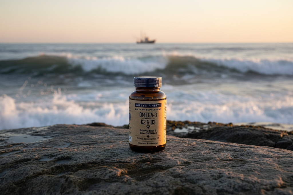 Wiley's Finest Omega-3 K2 D3 fish oil bottle on Alaskan coastal rocks with ocean background – More4less Outlet