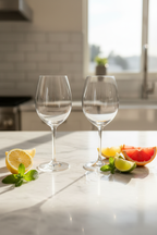 Sun-drenched bright kitchen counter featuring Riedel crystal white wine stemware with fresh citrus fruit