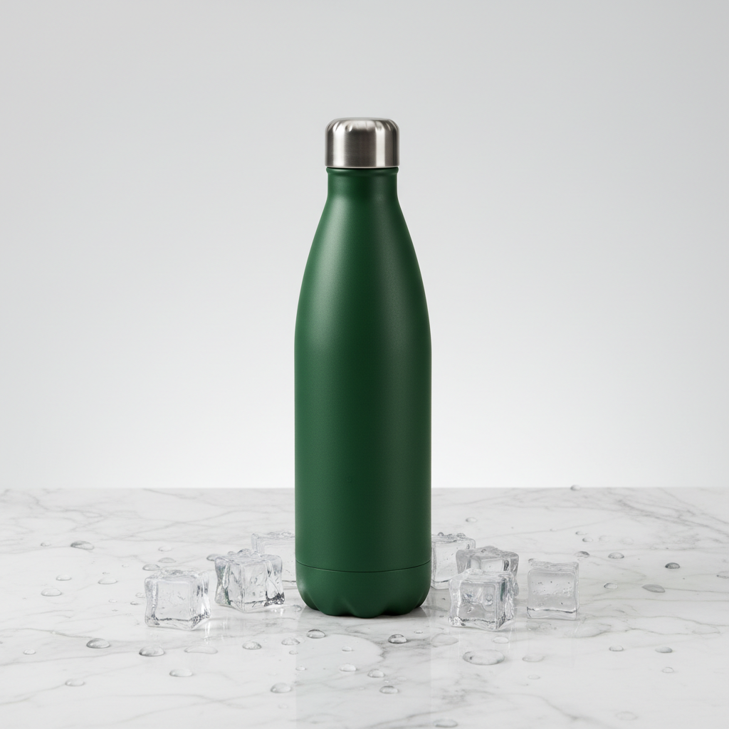 Minimalist studio shot of matte dark green stainless steel water bottle on white marble with ice cubes and water droplets