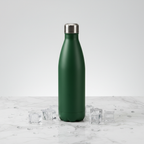 Minimalist studio shot of matte dark green stainless steel water bottle on white marble with ice cubes and water droplets