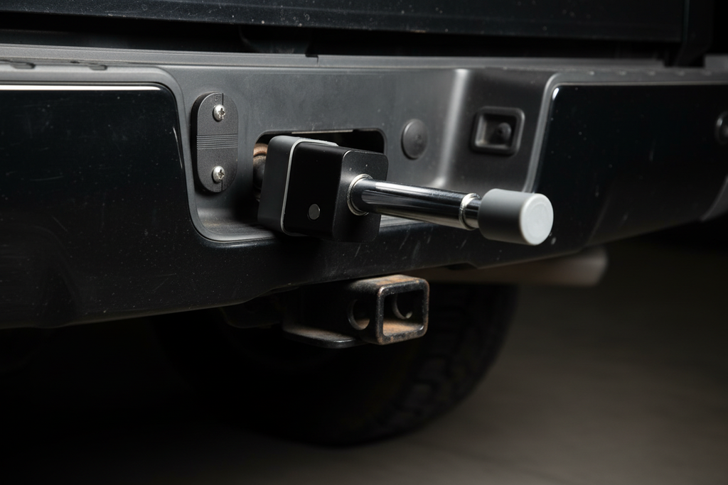 OxGord deadbolt receiver lock close-up locked on black pickup truck hitch receiver with rubber keyhole cap - More4less Outlet