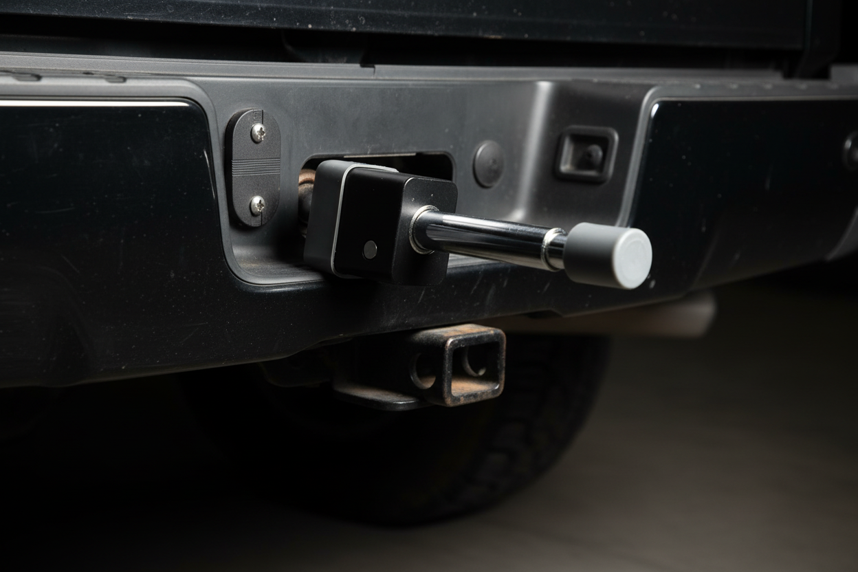 OxGord deadbolt receiver lock close-up locked on black pickup truck hitch receiver with rubber keyhole cap - More4less Outlet