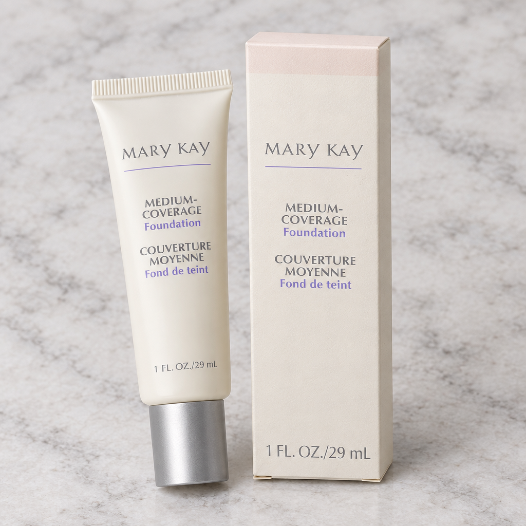 Vintage Mary Kay Medium-Coverage Foundation tube and retail box on a pale stone surface