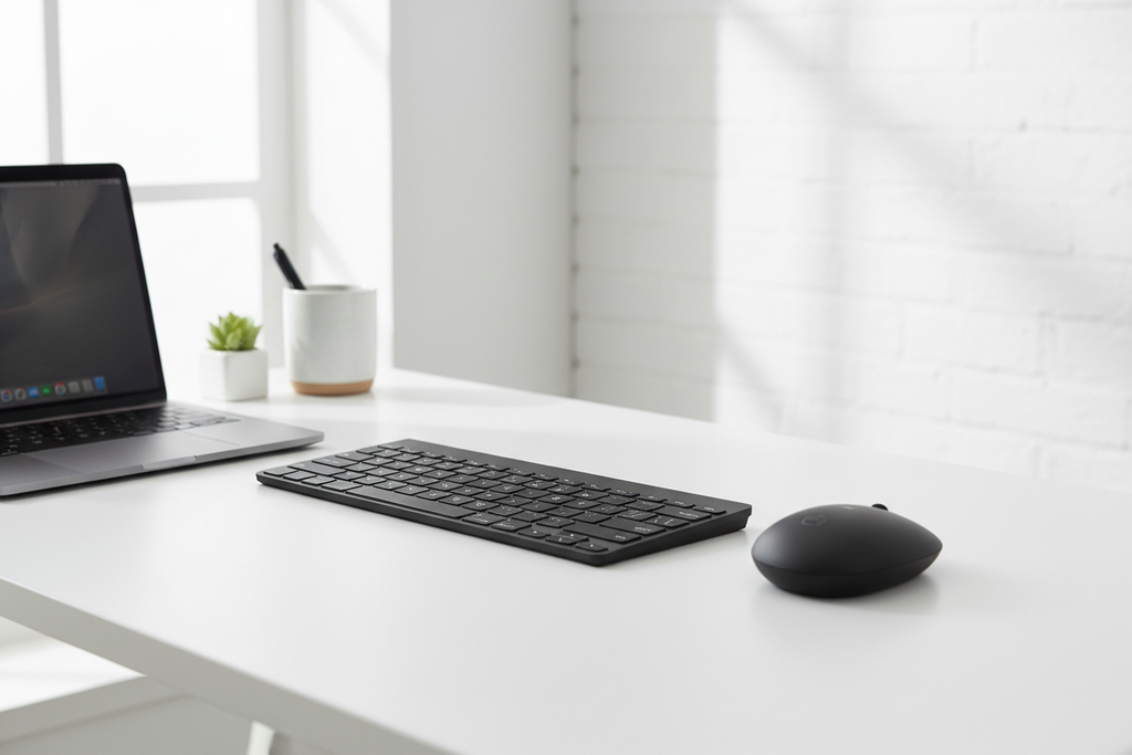 Logitech MK470 Slim Wireless Combo on minimalist modern desk with laptop and pebble mouse – More4less Outlet