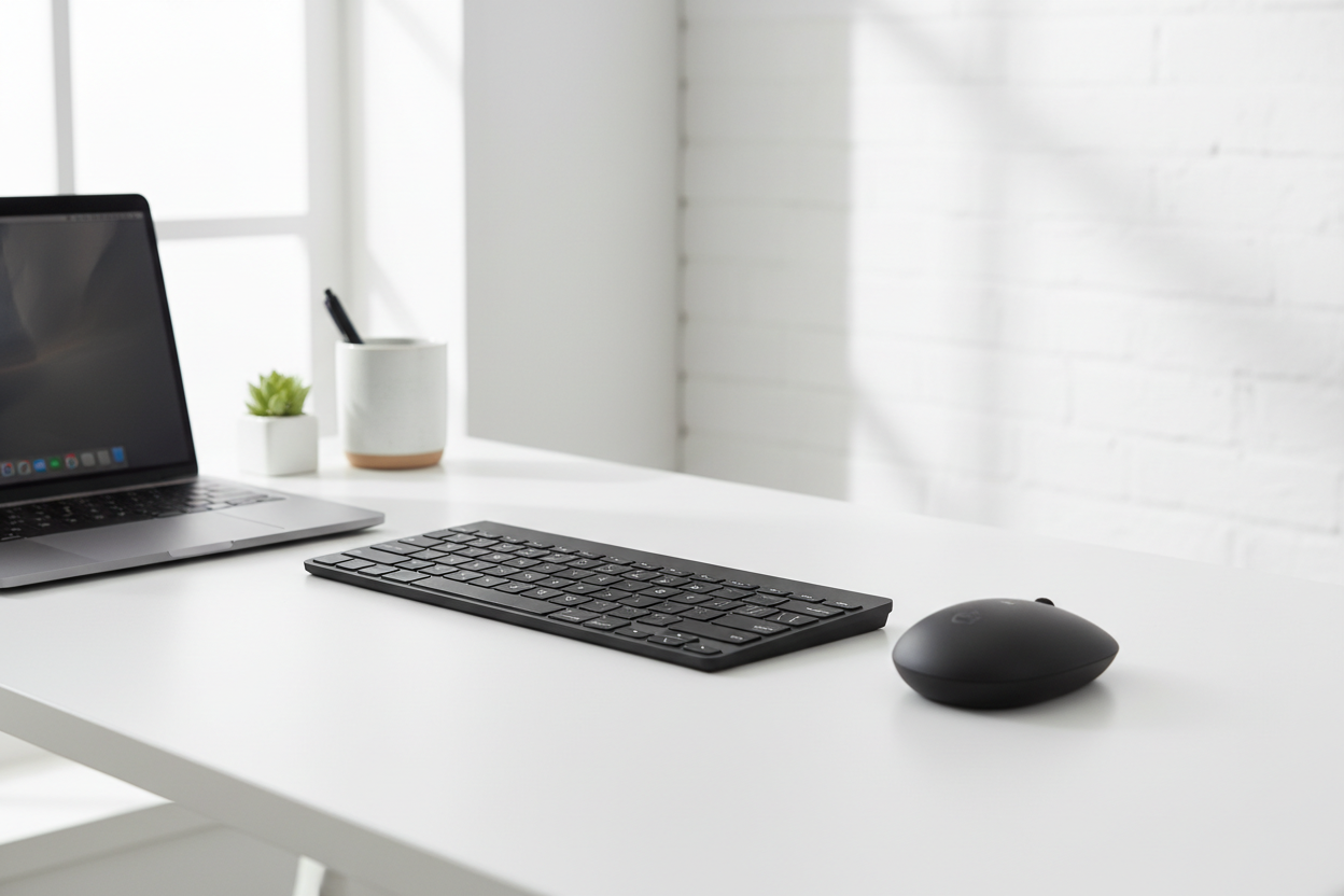 Logitech MK470 Slim Wireless Combo on minimalist modern desk with laptop and pebble mouse – More4less Outlet