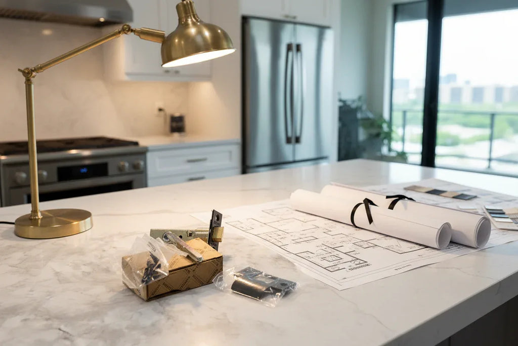 Baldwin 5510.102 knob latch on quartz countertop next to architectural drawings and blueprints