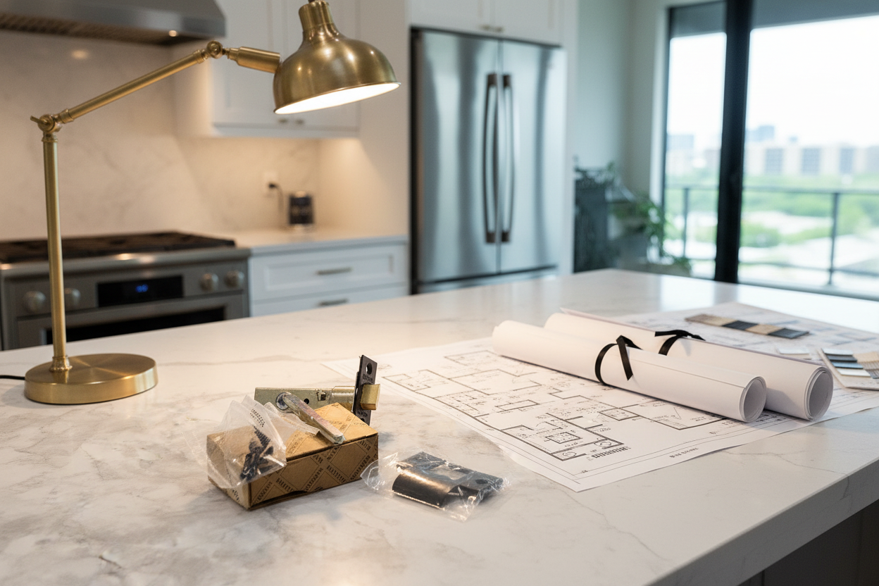 Baldwin 5510.102 knob latch on quartz countertop next to architectural drawings and blueprints