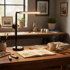 Room and Retreat 16-inch black LED desk lamp illuminated on craft table with art supplies and sketchbook