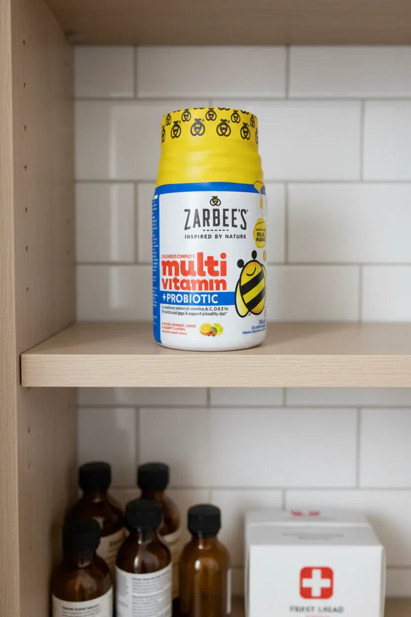 Zarbee's Children's Multivitamin jar on organized medicine cabinet wooden shelves white tile