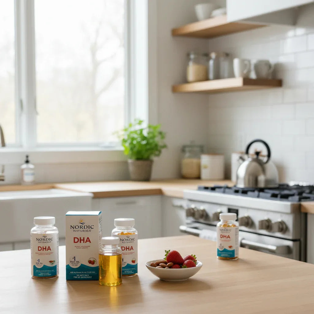 Balanced wellness approach in a natural clean kitchen space with omega-3 fish oil supplement bottles