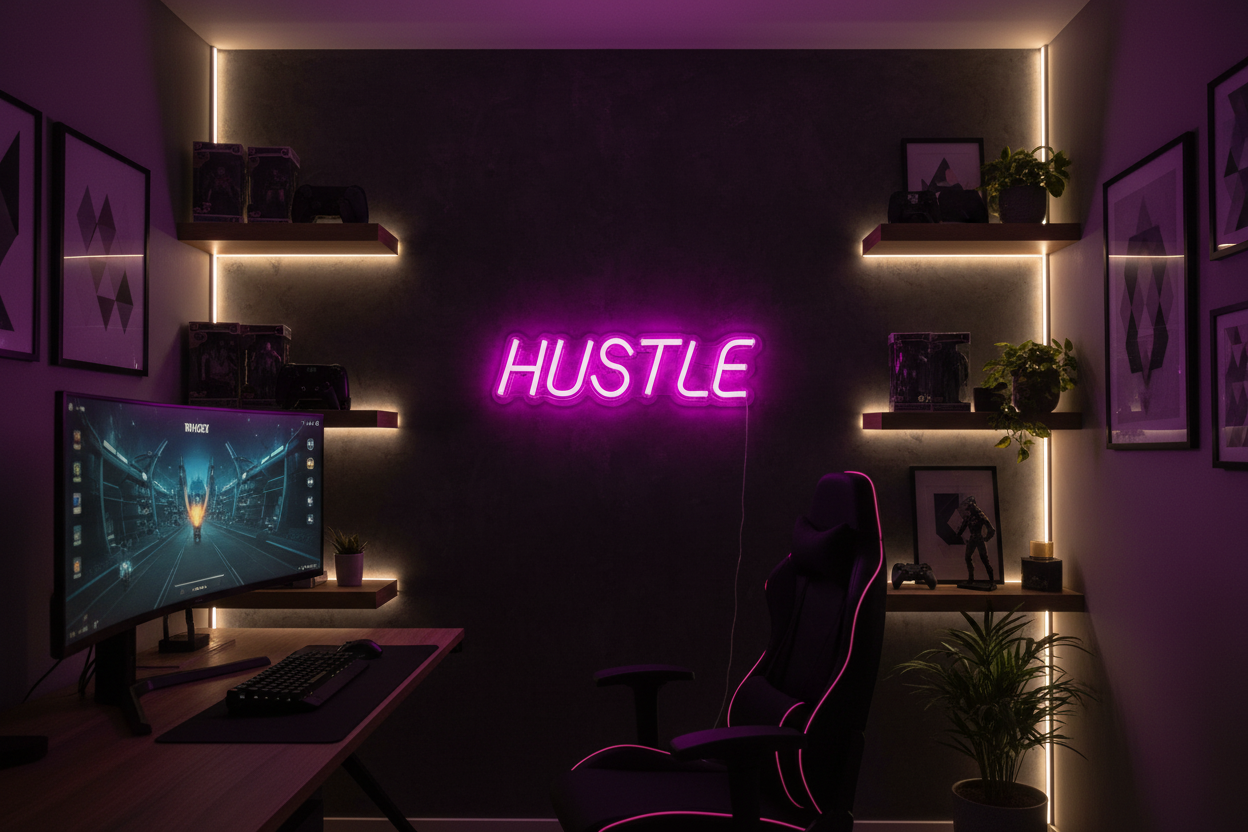 Elements HUSTLE pink LED neon sign wall mounted in studio lifestyle