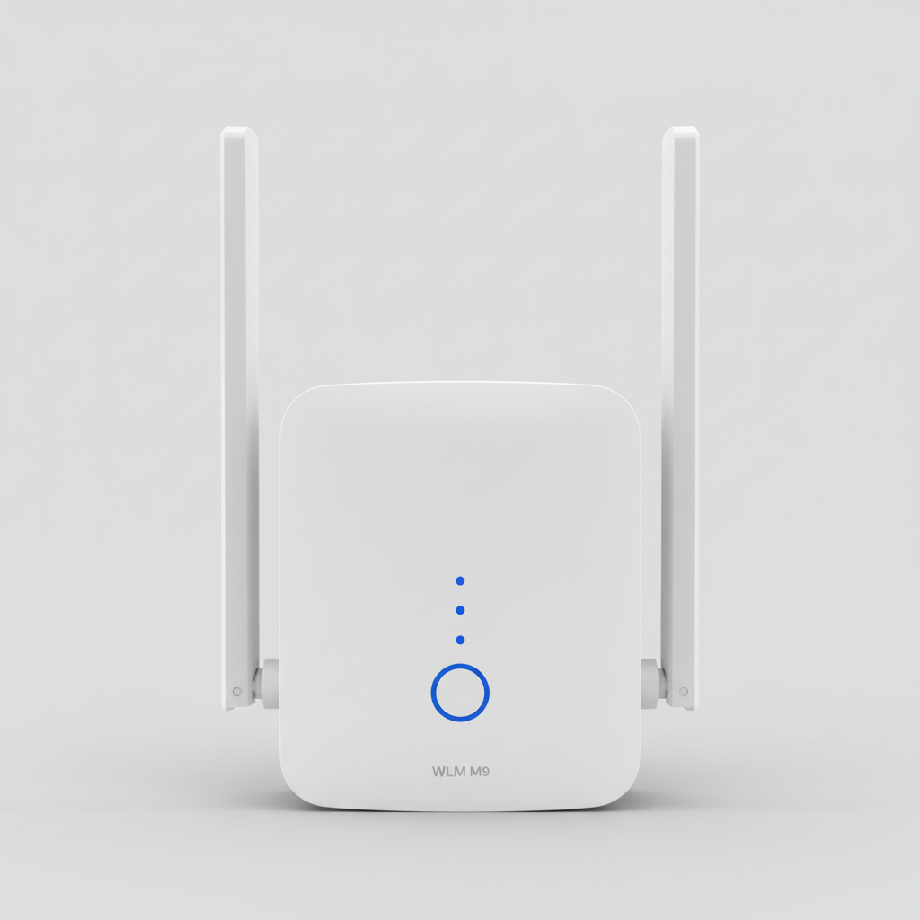 WLM M9 Wi-Fi range extender with two vertical antennas on a plain background