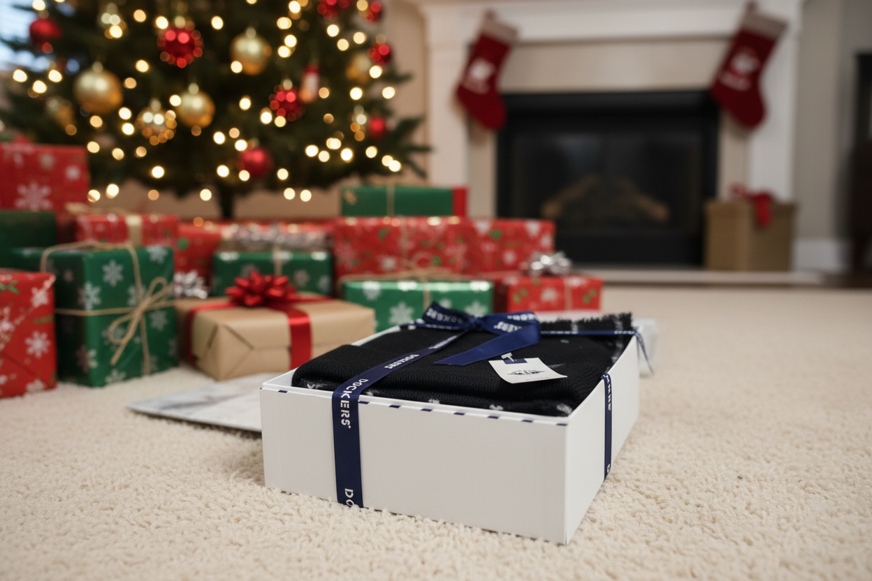 Dockers Scarf & Beanie Winter Set gift box under Christmas tree with warm ambient lighting – More4less Outlet