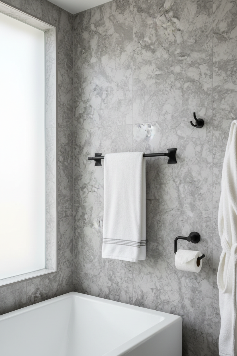 Designer bathroom matte black accessories Pfister Rhen towel bar textured tile wall — More4less Outlet
