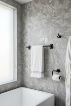 Designer bathroom matte black accessories Pfister Rhen towel bar textured tile wall — More4less Outlet