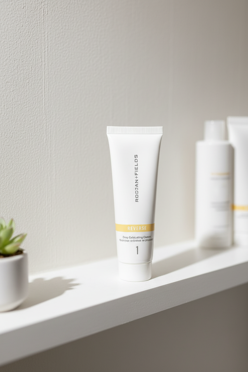 Rodan + Fields REVERSE Deep Exfoliating Cleanser 30mL tube on minimalist bathroom shelf with soft light