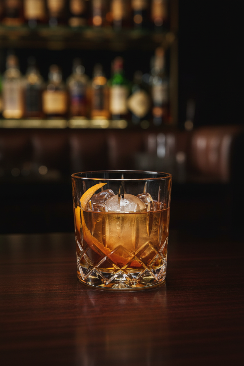 Classic Old Fashioned cocktail with orange peel and ice in a Riedel Spey cut-crystal whisky tumbler, dark moody bar setting