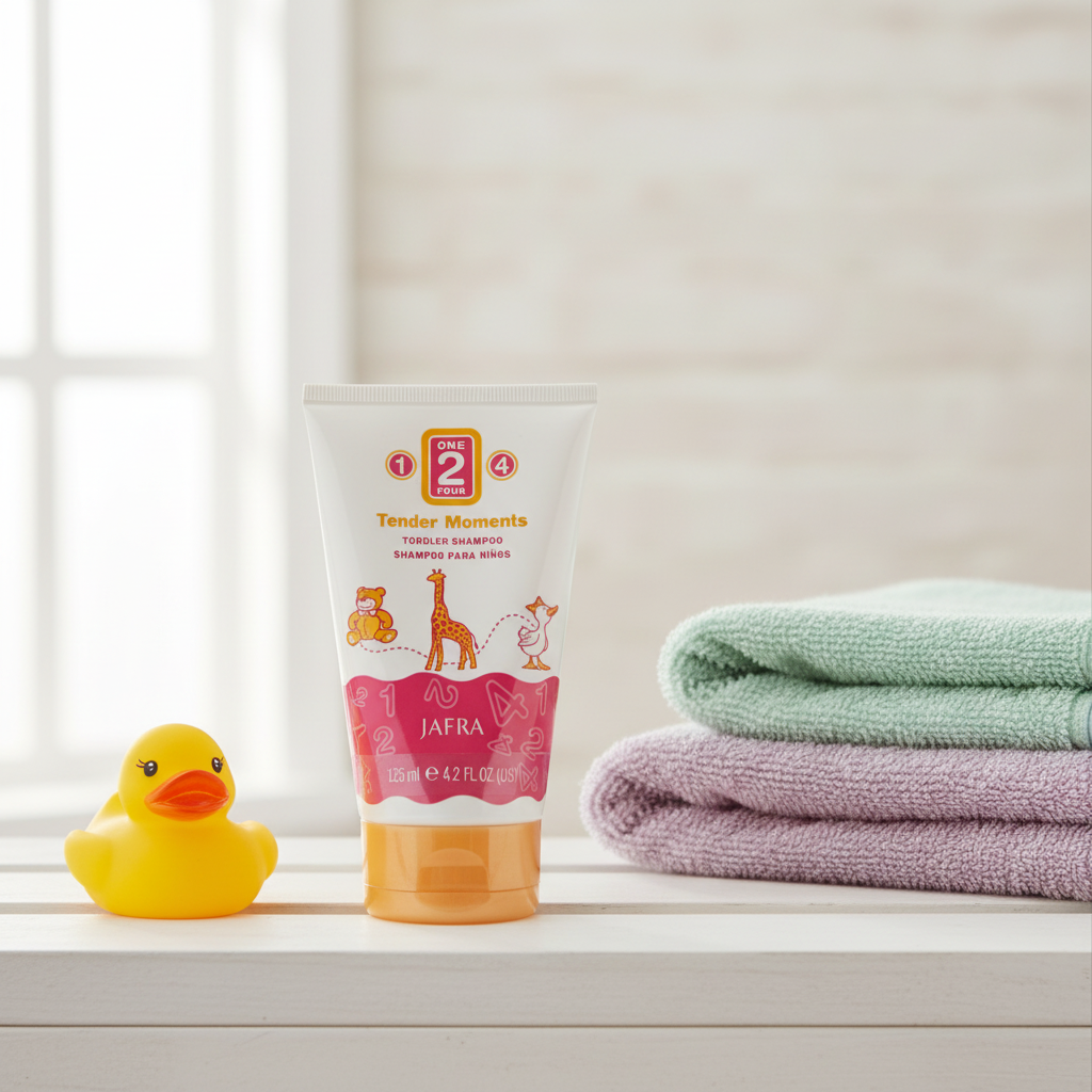 JAFRA Tender Moments Toddler Shampoo on nursery shelf with rubber duck and pastel towels – More4less Outlet