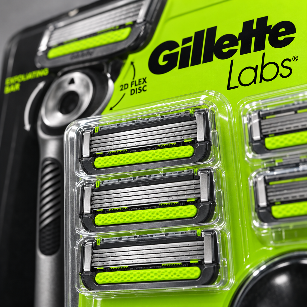 Close up of GilletteLabs razor cartridges visible in their retail blister packaging