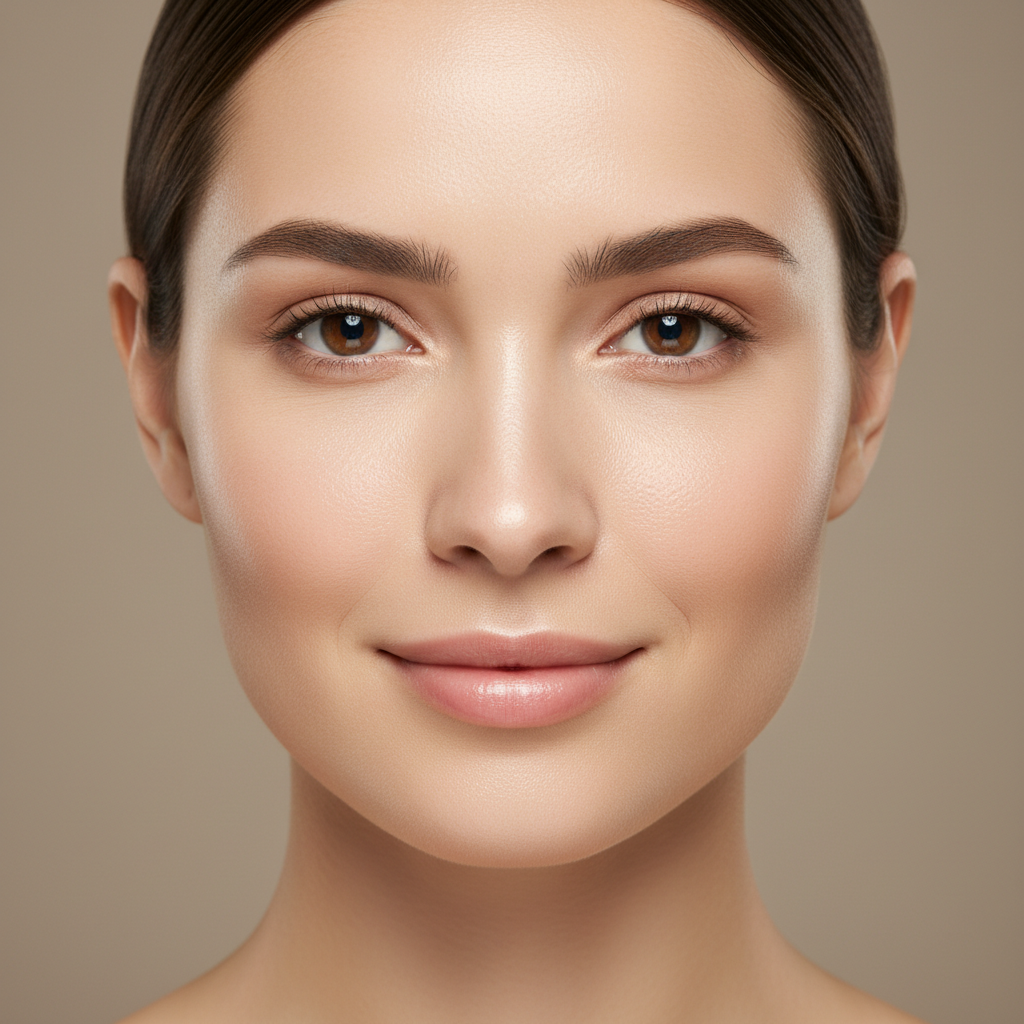 Close-up of a woman's clean, balanced, shine-free complexion with healthy glowing skin