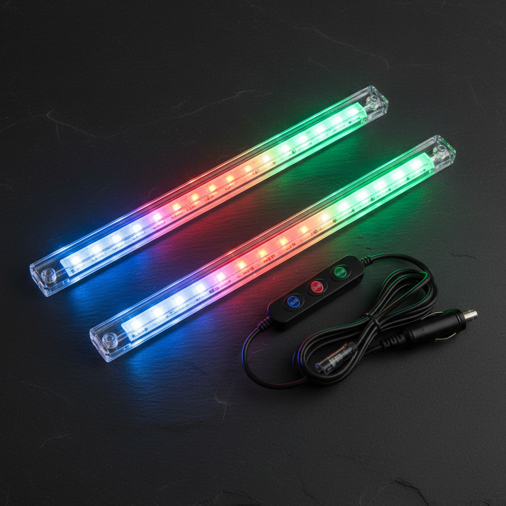 Custom Accessories crystal LED light bars flat lay dark surface inline 3-color control switch 12V fused adapter blue red green glow premium automotive product - More4less Outlet