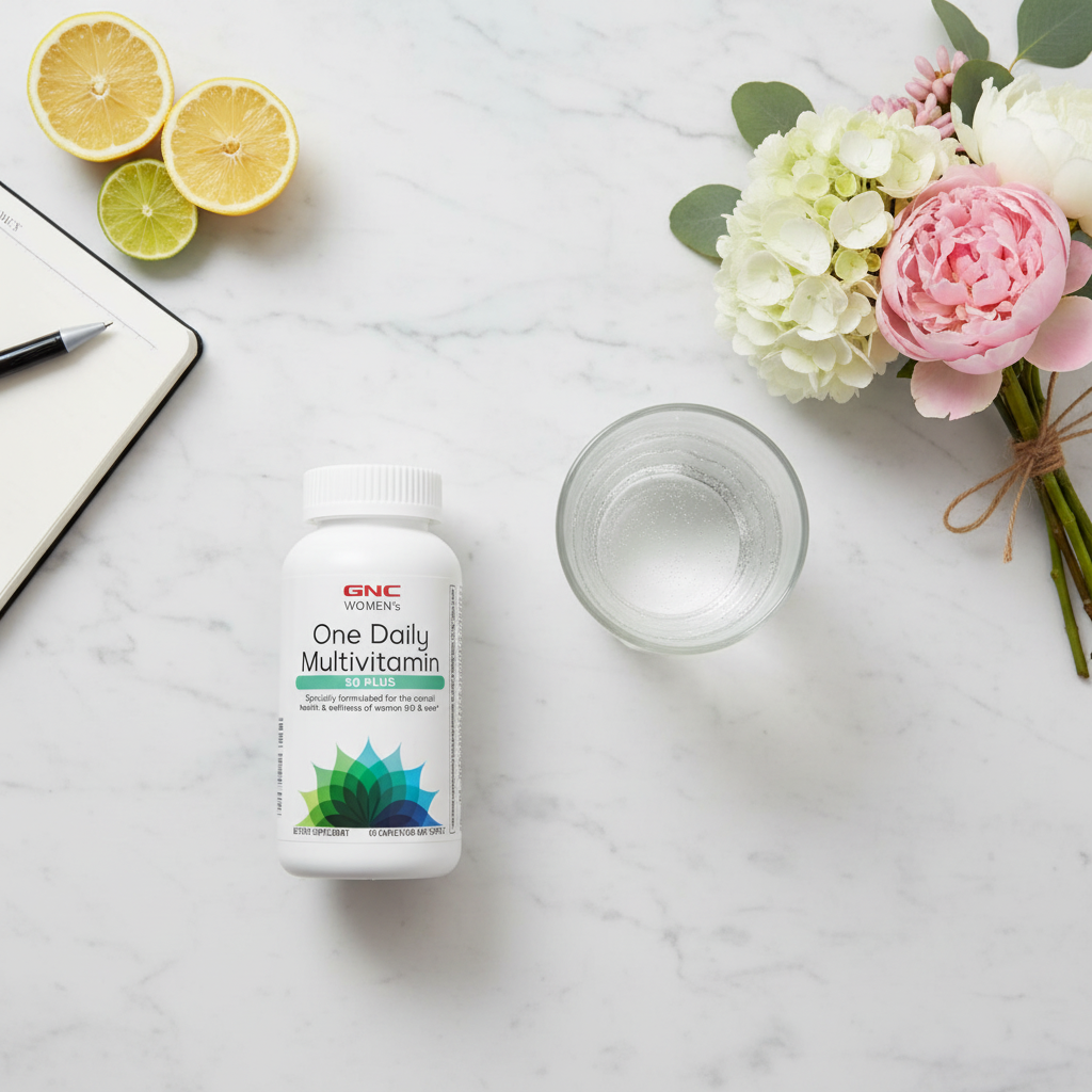 GNC Women's One Daily Multivitamin 50 Plus bottle on marble with flowers and water – More4less Outlet