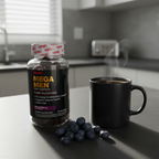 GNC Mega Men Gummy Multivitamin on dark kitchen counter with coffee mug and blueberries – More4less Outlet