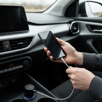 Person in car plugging USB-C cable into smartphone with compact car charger in cigarette lighter port