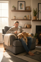Man relaxing in armchair with dog on lap holding white coffee mug lifestyle photo