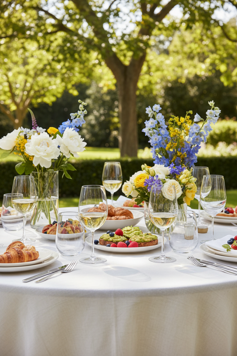 Sunlit outdoor garden brunch setup featuring Riedel stemless wine tumblers with white Riesling wine on white marble table with fresh flowers