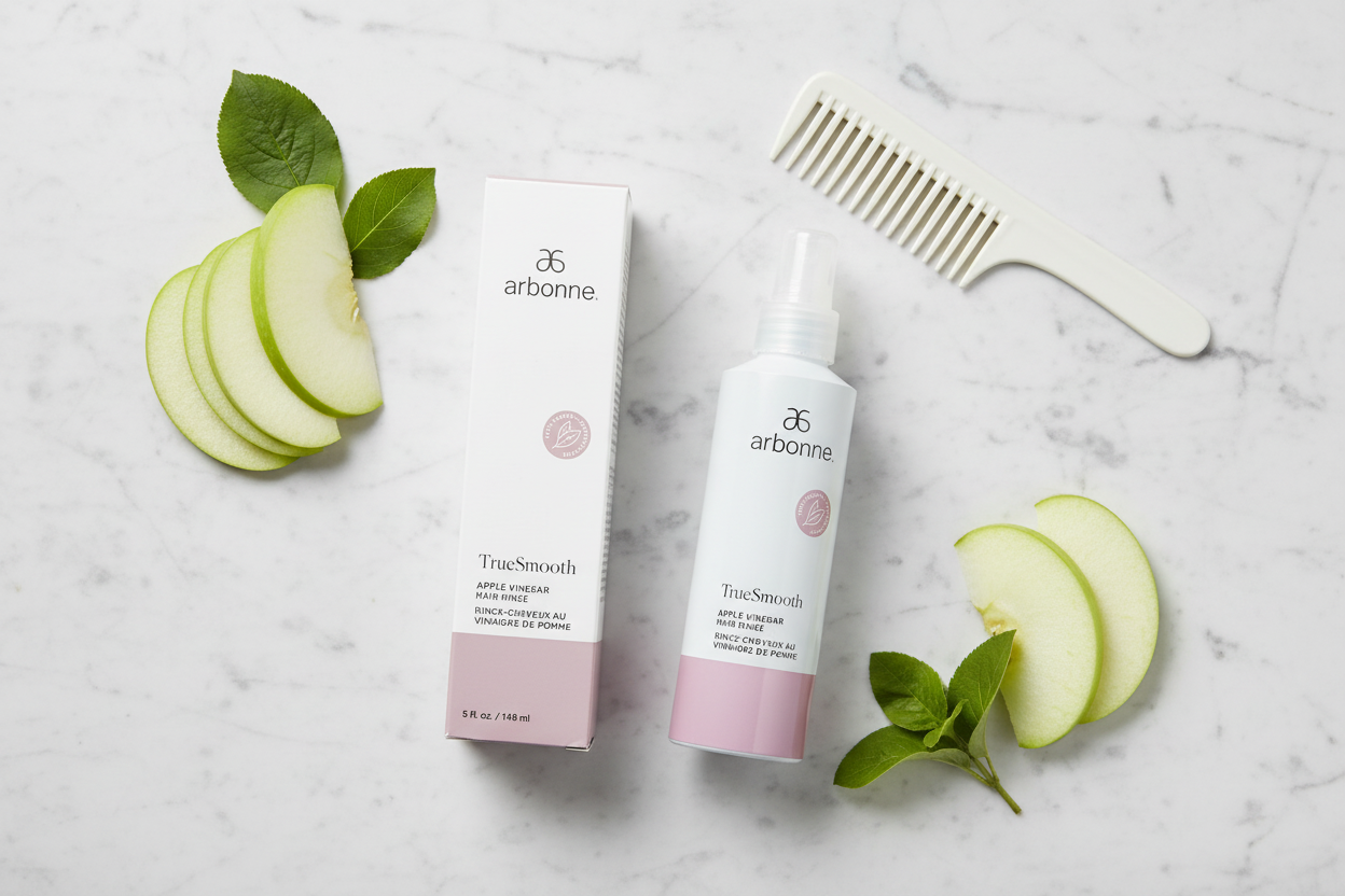 Arbonne TrueSmooth Apple Vinegar Hair Rinse flat lay with fresh apple slices green leaves and white comb on marble – More4less Outlet