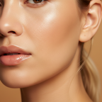 Close-up of flawless dewy complexion with warm golden undertones and natural finish